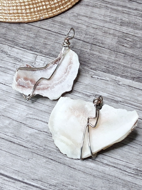Handmade Jewelry - Natural White Shell Pendant Set with Silver Wire Accent